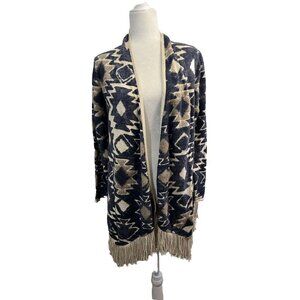 Lucky Brand Womens Western Open Front Cardigan Sweater Medium Brown Blue Fringe
